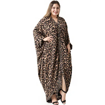 Ir 2021. Abaya Garš Pavasaris Rudens Sieviešu Leopard Dāmas Kleitas Liels Plus Lieluma Modes Elegants Nelegālo Ramadāna Maxi Kleita