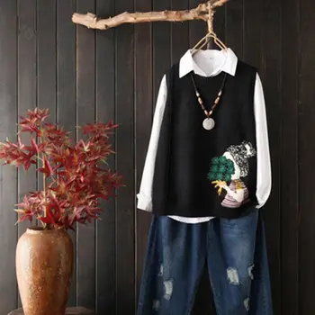 Apaļa Kakla Piedurknēm Adīts Džemperis Veste Sieviešu Modes Izšuvumi Karikatūra Modelis Zemāko Džemperi, Vestes Femal Džemperi Pavasara