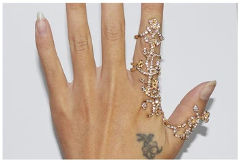 Unikālo dizainu, ilgi Dubultā pirkstu šarnīrs gredzenu šarmu kristāla rhinestone puķu dobi zelta krāsā kopīgu gredzeni sieviešu rotaslietas