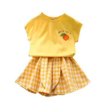 Baby Girl Dress Bērnu Uzvalks 2020. Gada Vasarā Jaunu Gadījuma Īstermiņa Piedurknēm Apaļā Apkakle T-krekls Bērnu Meitenei Pleds Svārki Divi-Gabals, kas