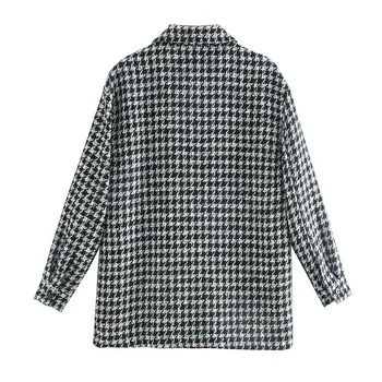 High street style Pleds brīvs krekls 2020. gadam, Savukārt Apkakle ar garām piedurknēm ziemas Biroja Mētelis Vintage houndstooth sieviešu krekls topi