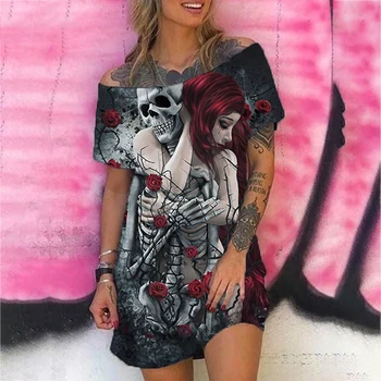 Gothic Galvaskausa Ziedu Drukāt Y2k Kleita Sievietēm, Plus Lieluma Modes Gadījuma Īsām Piedurknēm Punk Pie Pleca Mini Kleitas 2020. Gada Vasaras