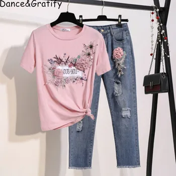 Izšuvumi Mīlestība 3D Ziedu Kokvilnas Džemperi Krekls+ Zems Viduklis Zīmuli Džinsi Sieviešu Modes 2ps Gadījuma Komplekti, Stilīgas Džinsa Bikses, Uzvalks