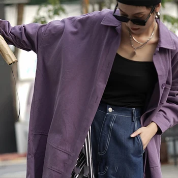 [EAM] Sieviešu Violeta Ilgi Kabatā Liela Izmēra Blūze Jaunu Atloks ar garām Piedurknēm Loose Fit Krekls Modes Jūra Pavasara Rudens ir 2021. 1DD0882