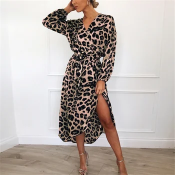 HiloRill Sexy Leoparda Kleita Sievietēm Ar Garām Piedurknēm Rudens Gara Kleita Gadījuma-Line V-Veida Kakla Vintage Sadalīt Puse Wrap Kleitas, Drēbes Femme