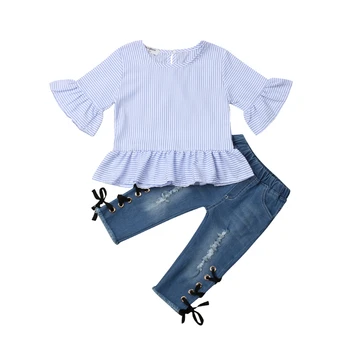 Modes Meiteņu Apģērba Komplekts Bērniem Meiteņu Drēbes Savirmot Svītru Pusi Piedurknēm T-krekls Topi Caurumu Džinsa Bikses Cute Kids Tērpiem 1-6Y