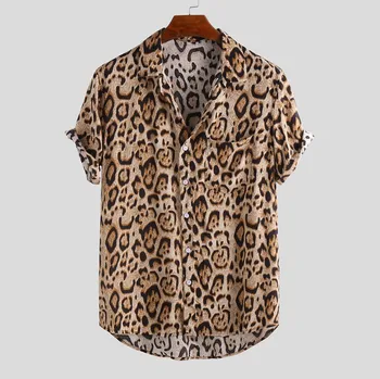 Vīriešu Leopard Pirnt Krekls Disco Gadījuma Pogu Īsām Piedurknēm Havaju Krekls Vīriešiem Tropu Aloha Sexy Beach Valkāt Chemise Homme