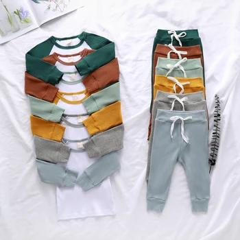 Bērnu Rudens Pavasara Apģērbs, Apģērbu Komplekts ar garām Piedurknēm Adīts Raibs T-krekls Elastīgas Garās Bikses Silts Zēnu Apģērbi