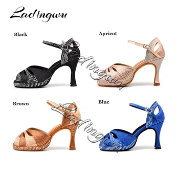 Deju latīņu Kurpes Sieviešu kurpes ar Augstu Platformu Spīguļi, Rhinestone Un Sievietēm Satīna Balles Deju Sandales augstpapēžu kurpes 9cm Melns