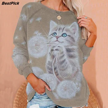 Cute Dzīvnieku Kaķis Drukāt Sieviešu TShirts Plus Lieluma Kawaii Garām Piedurknēm Gadījuma Sieviešu Džemperi, Topi 2021. Gada Pavasarī Izmēra T-Krekls