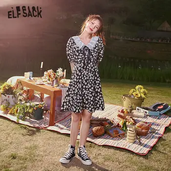 ELFSACK Black Daisy Ziedu Drukāt Gadījuma Salds Mini Kleita Sievietēm 2020. Gada Vasaras ELF Vintage Puff Piedurknēm korejas Dāmas Holidy Kleitas