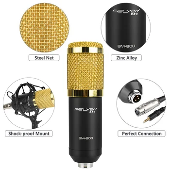 FELYBY Profesionālās kondensatora mikrofons BM 800 audio ierakstu studija mic 48 v phantom power Usb skaņas karti, kamera video tērzēšana