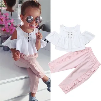 PUDCOCO Modes 2gab Toddler Bērniem, Baby Girl Apģērbu Savirmot Topi Off Pleca T-Krekls, Garās Bikses Vasaras Apģērbu Komplekts 1-6T