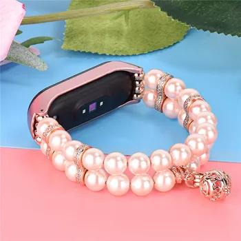 Sieviešu Krelles, Rokassprādzi par Xiaomi Mi Grupa 5 4 3 Watch Jostas Mākslīgās Pērles Siksnu MIband5 Rozā/Balta Aproce ar Metāla Rāmi