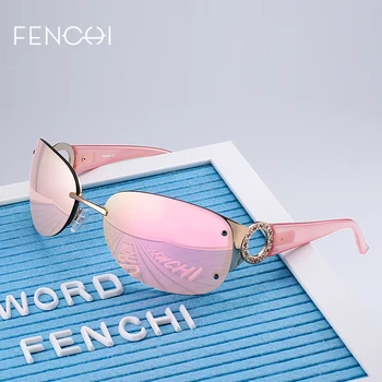 FENCHI Saulesbrilles Sievietēm, bez apmales Brilles Braukšanas retro luksusa zīmolu Dimantu Spoguļi Dizaina rozā Saulesbrilles lentes de sol mujer