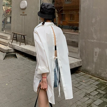 Backless Mežģīnes Up Sieviešu Asimetrisks Krekls 2020 Jaunu Gadījuma Zaudēt BF Balta Blūze Sexy Iela Valkāt Drēbes, kas ir korejas Modes Augšu