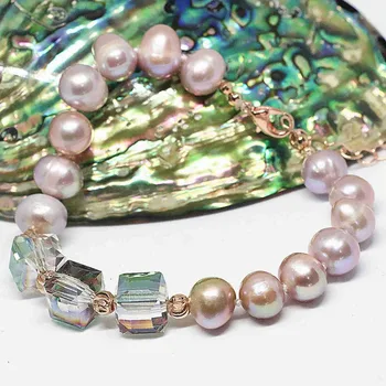 Karstā pārdošanas saldūdens dabas pērle jaunā dizaina aproce apaļas pērles crystal rose zelta krāsu, aizdare, rotaslietas B1405