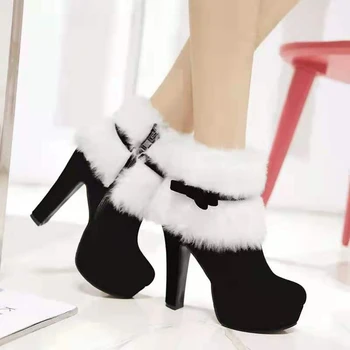 Ziemas Ziemassvētku Sniega Zābaki, Sievietēm, Ir 2021. Sarkans Melns Potītes Zābaki Sieviešu augstpapēžu kurpes Platformas Kurpes Sieviešu Dāmas Siltu Kažokādas Zābaciņi