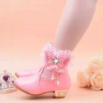 ULKNN Meitenes augstpapēžu Zābaki Bērniem Rudens Ziemas Rozā Priekšgala Plus Samta Kokvilnas Footwears Princese Ādas Kurpes Bērniem, Rozā