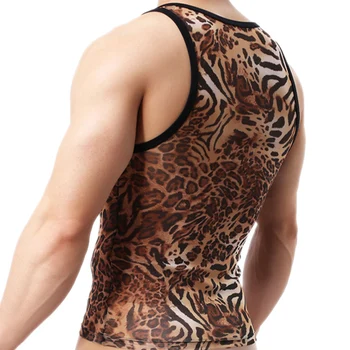 Vasaras Vīriešu Modes Leopards Izdrukāt Skatīt Caur Milzīgais Acs Sexy Topi bez Piedurknēm Stretchy Muskuļu Gadījuma Tvertnes Augšpusē Rave Drēbes