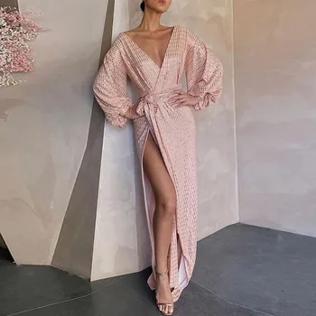 Puse Vizuļi Rozā Kleitu Elegants Sexy Sievietes Sadalīt Apvalku Ilgi Izlīdzināšanu Piedurknēm Clubwear Kleitas Dziļu V-Veida Kakla Spīdīgu Vestidos
