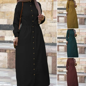 Vintage Musulmaņu Krekls, Kleita Sieviešu Puff Piedurknēm Sundress ZANZEA ir 2021. Gadījuma Aukliņu Maxi Vestidos Sievietes Pogu Drēbes Plus Izmēra