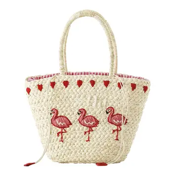 Sarkana Flamingo Dizaina Izšuvumi Salmiem Pīti Soma, Dabas Modes Flamingo Brīvdienu Kokvilnas Pludmales Linga Tote Soma Sievietēm