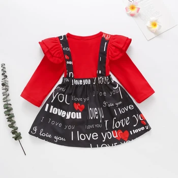 Valentīna Diena 2 Gab Zīdaiņu Modes Apģērbs Mazulim Meitene Lidot Piedurknēm ar Apaļu Kakla Džemperis + Vēstuli Izdrukāt Zeķu Svārki 6M lai 4Y