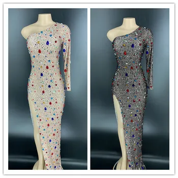 Mirdzoša Multi-krāsu Stikla Rhinestones Gara Kleita Sieviešu Dzimšanas dienu Svinēt Apģērbs Vienas Piedurknes Dejotājs Kleitas