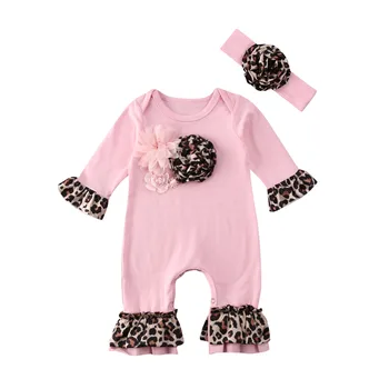 Burvīgs Baby Romper 2GAB Jaundzimušais Meitene Ziemas Drēbes, Ziedu garām Piedurknēm Romper Jumpsuit Leopard Tērpiem
