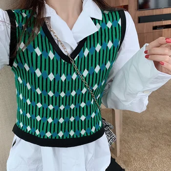 Sieviešu Trikotāžas Džemperis Veste Pavasara 2020. gadam korejiešu Stilā Vintage Argyle Pleds Džemperis bez Piedurknēm, Veste Zaļā gilet pull T451