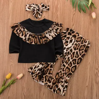 Jaundzimušo Komplekts Bērniem Meitene Ruffles Top T-krekls Elsas Puse Apģērbu Komplekts Leopards Drukāt Tērpiem 3PCS