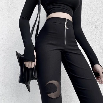 Gothic Black Sievietes Pusmēness Rāvējslēdzēju Augsta Vidukļa Bodycon Zīmuli Bikses 2020. Gadam Pavasara Goth Sexy Sieviete Tumšā Mēness Dobi No Slim Bikses