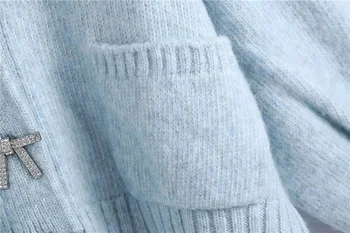 Qeils Sieviešu Modes Rhinestone Pogas Irdenas Trikotāžas Jaka Vintage Džemperis Ar Garām Piedurknēm, Kabatām Sieviešu Virsdrēbes Šiks Topi