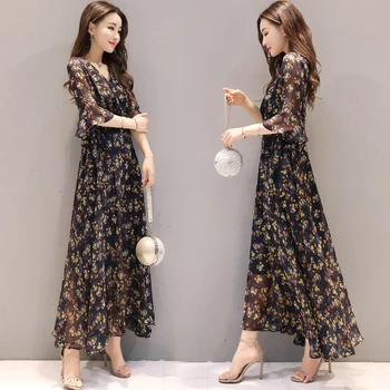 Rudens Vasaras Drukāt Uzliesmoja Piedurknēm Pludmales Kleita Vintage Slim Ziedu Šifona Midi Kleitas Korejiešu Versiju Maxi Kleitas Sievietēm