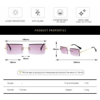 Modes Populārs bez apmales Taisnstūrī, Saulesbrilles Sievietēm, Vīriešiem Toņos Sakausējuma Brilles UV400 Sievietes bez apmales Kvadrātveida Saules Brilles Vasaras Stils