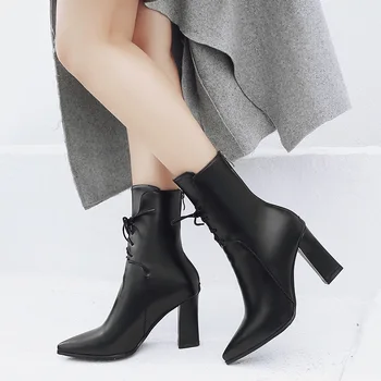 Jaunu rudenī un ziemā patentu-ādas zābaki, sieviešu chunky smailu papēdi vidējais papēža potītes boot liela izmēra cilpu rose red vidū boot