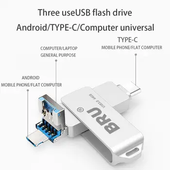 BRU 3 In 1 Otg Usb Flash Drive 3.0 Android Tips-c ātrgaitas Pen Drive C Tipa Usb Stick 16gb 32gb 64gb, 128gb un 256 gb Pendrive