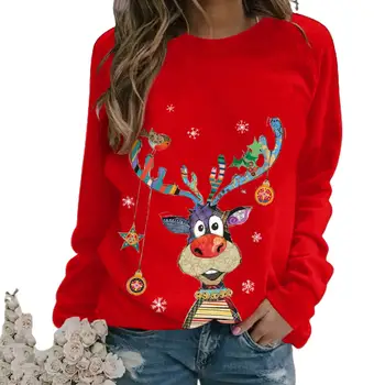 KARSTĀ PĀRDOŠANAS！！！Jaunas Ielidošanas Sievietēm Ziemassvētku O Apkakli, garām Piedurknēm Multicolor Elk Print T-krekls Rudens Blūze Vairumtirdzniecības Dropshipping