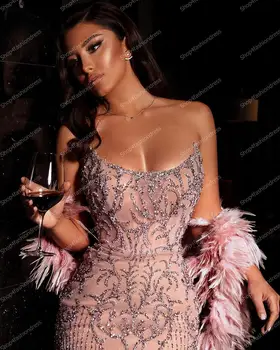 Burvīgs Rozā Spalvu Fāzēm Sirēna Vakara Kleitas Ir 2021. Sexy Backless Grīdas Garums Balles Kleitas, Luksusa Vestidos De Fiesta