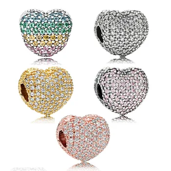 5 Krāsas Akmeņus Sirds Formas Klipsis Lodītes, lai Piekariņi Rokassprādzes Sievietēm 925 Sterling Silver Crystal DIY Šarmu, Krelles, lai Rotaslietu izgatavošana
