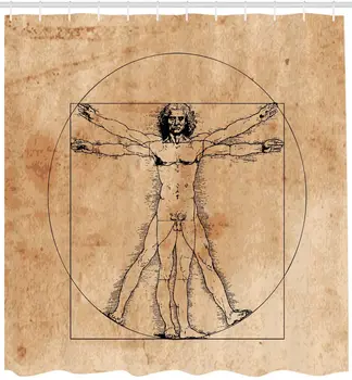 Cilvēka Anatomija Dušas Aizkars Viduslaiku Vitruvian Man Crosshatching Slavenais Itāļu Renesanses Glezniecības Body Art Vannas Istabas Dekori