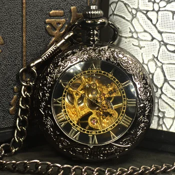TIEDAN Black Steampunk Skelets Mehāniskās Kabatas Pulksteņu Vīriešiem Antikvāra Luksusa Zīmolu Kaklarota Kabatas & Fob Pulksteņu Ķēdes Vīriešu Pulkstenis