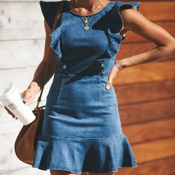 Eiropas un Amerikas stila Karstā Pārdošanas Flounced Stiept Kovboju Apģērbi Vasaras Sieviete Kleitas Modes Kleitas 2020 bez Piedurknēm
