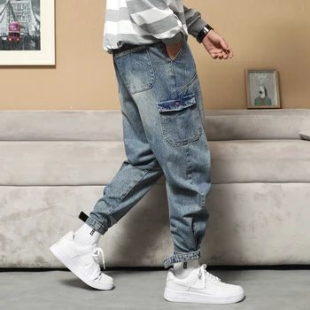 Jauna Dizaineru Modes Vīriešu Džinsi Zaudēt Retro Zilā Savienoti Gadījuma Džinsa Kravas Bikses Streetwear Hip Hop Wide Kāju Baggy Bikses