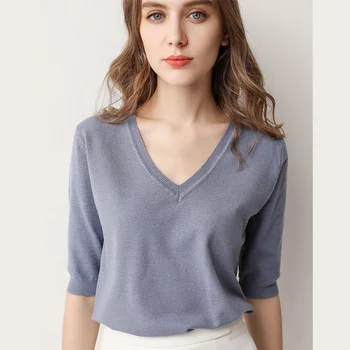 2019. gada pavasara sieviešu džemperis trikotāžas džemperis plānas kašmira džemperis sievietes v-veida kakla īstermiņa piedurknēm vilnas džemperi