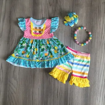 Bērnu meiteņu tērpiem, baby meiteņu drēbes citronu drukāt top ar multicolor svītru bikses bērniem vasaras tērpiem, ar piederumiem