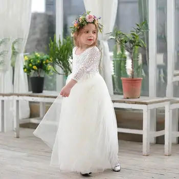 Princese Kleita Meitenēm Potītes Garuma Kāzu Kleitu Skropstu Atpakaļ Balta Mežģīņu Pludmales Kleita Bērnu Apģērbu E15177