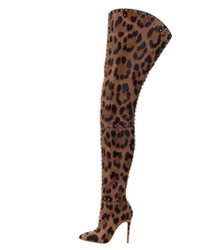 ASHIOFU Roku darbs, Jaunas Sievietes, Augšstilba Augstu Zābaki Sexy Leopard Kniedes, Tapas Kluba Pār-the-ceļgala Zābaki Ziemas Vakara Modes Zābaki
