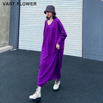 Violeta Plus Lieluma Trikotāžas Kleita Sieviešu Apģērbu Ar V-Veida Kakla Ar Garām Piedurknēm Modes Vienkārši, Mīksti Džemperi, Kleitas 2020 